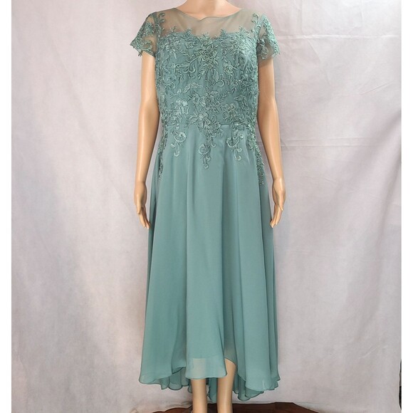New Mother of the Bride (12) Dusty Sage Green Illusion Lace Chiffon Hi-Lo Dress - Picture 1 of 9